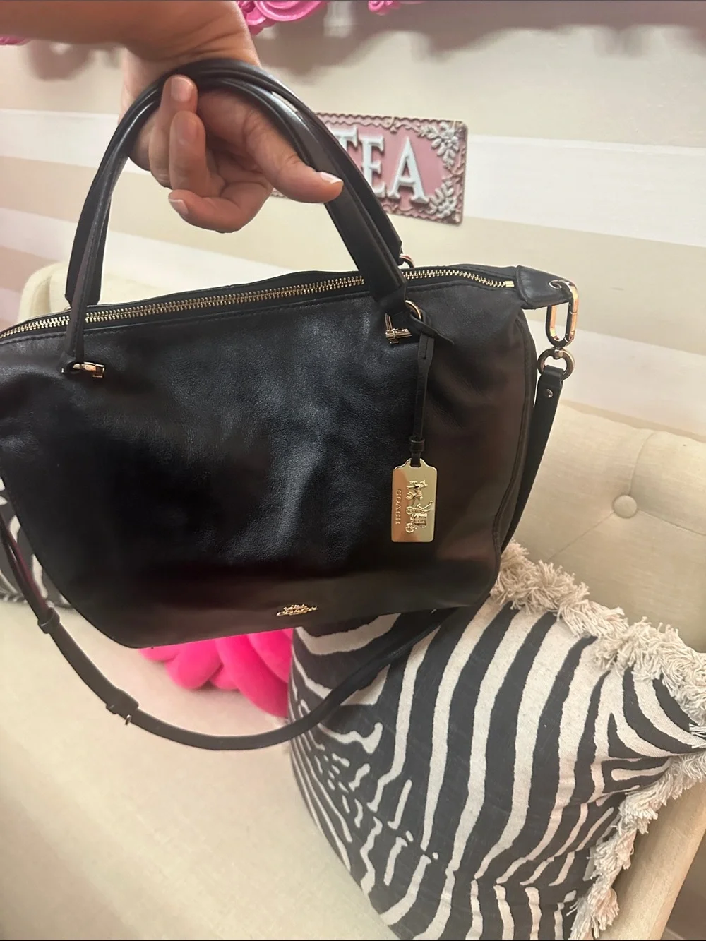 Chic Coach Black Leather Crossbody Satchel with Gold Hardware